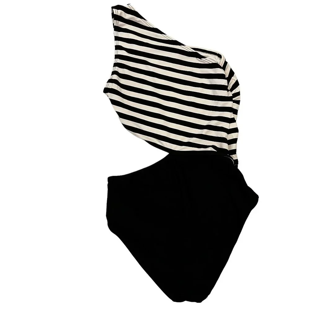 Michael Kors Black & White Stripe One-Shoulder Cut-Out One-Piece Swimsui… - Picture 4 of 12